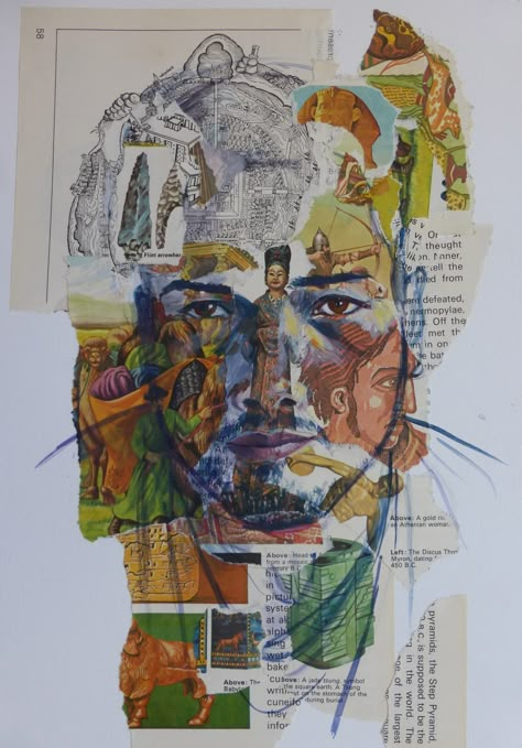 Acrylic portrait on collage made from a vintage encyclopedia Personal Project Ideas Art, Collage And Drawing Combined, Portrait Title Page, Identity Portrait, Identity Collage, Portrait Collage Art, Self Portrait Collage, Identity Artwork, Vintage Encyclopedia