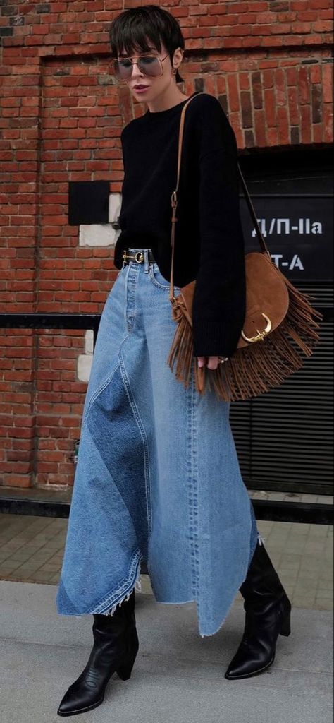 Boho Chic Street Style 2023, Festival Street Style 2023, Boho Street Style 2023, Denim Skirt Street Style 2023, Denim Skirt Trends 2023, Long Denim Skirt Street Style, Australian Winter Fashion 2023, Long Denim Skirt Outfit Street Styles 2023, Fall 2023 Fashion Trends Street Style Women