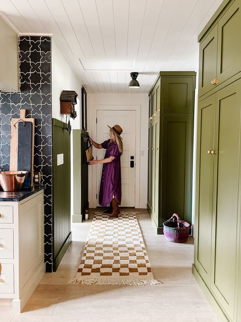 Green Lockers, Back Door Entry, Cabin Entryway, Painted Shiplap, Back Door Entrance, Green Entryway, Green Cabin, Painting Shiplap, Nesting With Grace