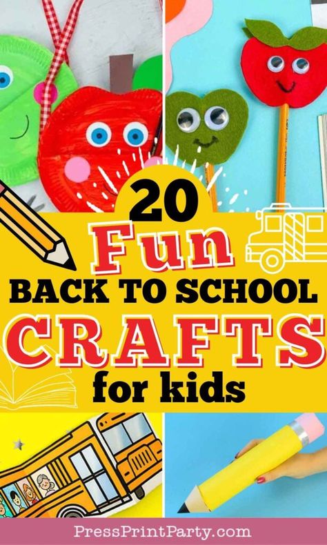 20 Fun Back to School Kids Crafts - Get ready for the new school year with these easy and fun craft ideas for kids! From simple paper plate projects to creative bags, these art projects are perfect for preschoolers and up. Make the end of summer special with arts and crafts that welcome kids back to school and make teacher gifts. Plus, find free printables to make crafting a breeze. -Press Print Party! Preschool Back To School Art Projects, Easy Toddler Back To School Crafts, School Themed Crafts For Toddlers, Back To School Night Craft, Easy Back To School Crafts For Kids, Back To School Crafts For Preschoolers Free Printables, Back To School Kids Crafts, Back To School Crafts For Preschool, Back To School Crafts For Kindergarten