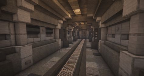 Minecraft Corporate Building, Minecraft Sewer Tunnel, Minecraft Fallout Shelter, Underground Bunker Entrance Minecraft, Minecraft Tardis Interior, Minecraft Bunker Entrance Ideas, Minecraft Scp Facility, Minecraft Train Station Underground, Minecraft Vault Interior