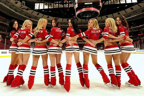 Blackhawks have the best jerseys and ice-crew girls in hockey! Ice Hockey Girls, Ice Girls, Blackhawks Hockey, Chicago Sports, Hockey Girls, Nfl Cheerleaders, San Jose Sharks, The Windy City, Hockey Fans