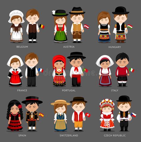 Country Costumes, European People, Dress Vector, 달력 디자인, Costumes Around The World, World Thinking Day, National Clothes, European Girls, Costume National