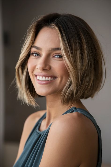 Discover the magic of balayage hair for short styles! This technique beautifully blends low lights and highlights, transforming your bob or pixie into a work of art. Whether you opt for subtle babylights or bold peekaboo highlights, balayage allows you to play with colors like caramel and blonde, all while keeping dark roots for depth. #BalayageHair #ShortHair #HairInspiration #Hairstyles Brown Balayage Hair Bob, Brunette Bob With Highlights Balayage, Short Dark Blonde Balayage, Balayage Hair Short Bob, Blonde Balayage On Dark Hair Short, Blonde Bob Dark Roots, Dark Blonde Balayage Bob, Caramel Balayage Short Hair, Short Bob Balayage