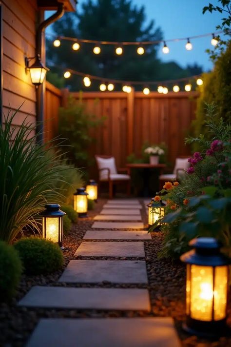 Garden pathway lit by lanterns, leading to a cozy seating area with string lights overhead. Minimalistic Landscaping, Small Side Yard Ideas, Tiny Garden Design, Tiny Outdoor Space, Secret Garden Ideas, Compact Garden, Balcony Inspiration, Tiny Garden Ideas, Small Garden Ideas