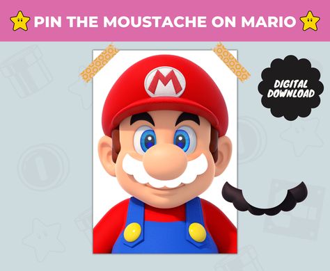 Pin Mustache On Mario, Pin The Mustache On Mario Printable, Mario Games For Kids, Pin The Mustache On Mario, Game For Birthday Party, Pin The Tail, Mario Game, Roblox Birthday, Super Mario Birthday