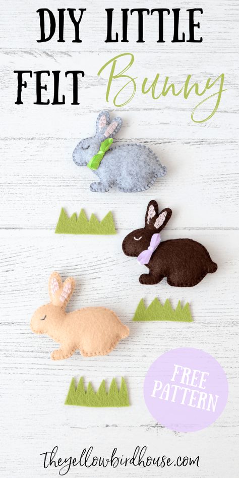 Little Felt Bunny DIY with Free Pattern | The Yellow Birdhouse Felt Bunnies, Felt Rabbit, Bunny Diy, Baby Mobil, Felt Animal Patterns, Felt Crafts Patterns, Felt Bunny, Free Sewing Pattern, Felt Patterns