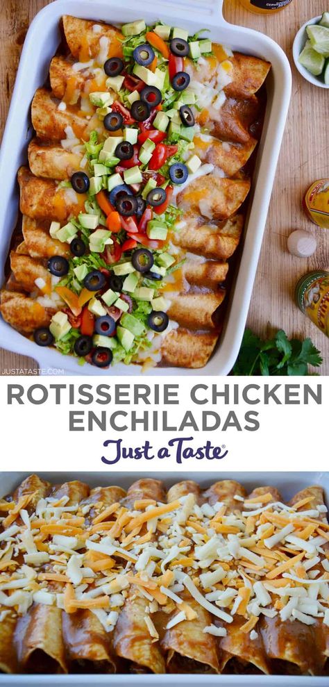 This surprisingly easy recipe for Chicken Enchiladas stars store-bought rotisserie chicken and a quick-fix homemade enchilada sauce. Best of all, this Mexican food favorite will be on your table in 45 minutes or less! #justatasterecipes Chicken Enchiladas Rotisserie, Mexican Rotisserie Chicken Recipes, Rotisserie Chicken Mexican Recipes, Chicken Enchiladas With Rotisserie, Rotisserie Chicken Enchiladas Easy, Recipe For Chicken Enchiladas, Chicken Enchilada Sauce, Rotisserie Chicken Enchiladas, Recipes Using Rotisserie Chicken