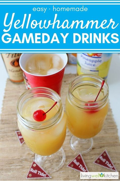 Homemade Yellowhammer recipe is inspired by the popular Yellow Hammer drink from a college bar in Tuscaloosa, Alabama. This fruity alcoholic beverage is sure to wake you up & get your gameday going strong. Great for tailgating or a football watching party. You don't have to be a Crimson Tide fan or say roll tide to enjoy this tasty cocktail! #yellowhammer #yellowhammerdrink #gameday #tailgating #gamedayrecipes #gamedaydrink #footballfood #rolltide #rammerjammer #livingwellkitchen Gameday Drinks, Tailgate Foods, Gameday Recipes, Fruity Alcohol Drinks, Easy Alcoholic Drinks, Tuscaloosa Alabama, Alcholic Drinks, Pudding Shots, Liquor Drinks