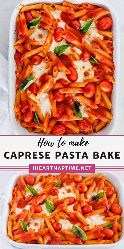 A delicious caprese pasta bake covered in creamy tomato sauce and bubbly mozzarella. This easy 30-minute meal is the perfect way to use up fresh tomatoes and basil from the garden! Fresh Mozzarella Pasta, Caprese Pasta Bake, Asian Steak Bites, Tomato Mozzarella Basil, Creamy Pasta Bake, Mozzarella Pasta, 30 Minute Meals Easy, Healthy Baked Chicken, Lasagna Rollups