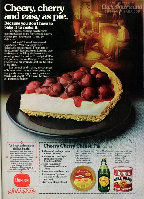 Cheery cherry cheese pie recipe: A retro homemade no-bake cherry cheesecake pie from the '70s - #cherrypie #cherrycheesecake #cheesecakepie #vintagerecipes #retrorecipes #vintagepie #oldfashionedpie #classicrecipes #cherryrecipes #seventies #clickamericana Cherry Cheese Pie, Cherry Cheesecake Pie, Cheesecake Pie Recipes, Cheese Pie Recipe, Cherry Cheesecake Recipe, No Bake Cherry Cheesecake, Cream Cheese Pie, Written Recipes, Cheesecake Pie