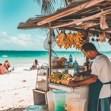 Beachside Fruit Stand: A local vendor prepares fresh juice at a tropical beach fruit stand on a sunny day. #beach #fruit #vendor #tropical #juice #aiart #aiphoto #stockcake ⬇️ Download and 📝 Prompt 👉 https://ayr.app/l/1M7U Fruit On The Beach, Fruit Stand Aesthetic Beach, Tropical Fruit Photography, Beach Backdrop, Beach Hammock, Beach Cocktails, Cute Umbrellas, Pineapple Drinks, Local Fruit