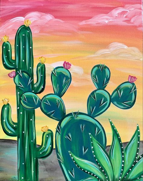 Cactus With Flowers Painting, Hand Painted Cactus, Sip And Paint Ideas Mexican, Paint Cactus Easy, Easy Mexican Paintings, Pictures To Paint Ideas, Cactus Acrylic Painting Easy, Canvas Painting Class Ideas, Painting A Cactus