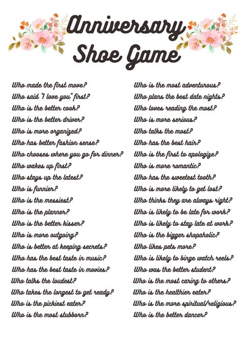 Anniversary Shoe Game Activity Who Knows the Couple Best Quiz Game Fun Party Activity Marriage Reception Bridal Shower Anniversary Birthday - Etsy Anniversary Games For Couples Marriage, Fun Anniversary Games, Shoe Game Anniversary Questions, Bride Groom Shoe Game Questions, Couple Shoe Game Questions, Anniversary Games For Guests, Anniversary Game Ideas, Marriage Games Couples Fun, Anniversary Shoe Game