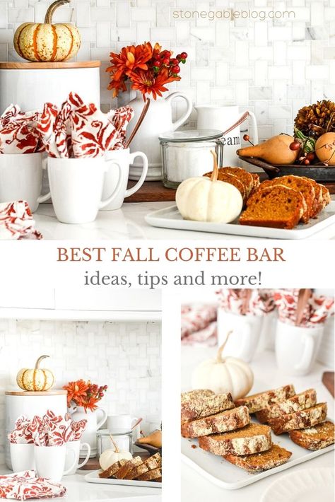 How to set up an easy and so pretty FALL COFFEE BAR! Lots of delicious ideas and tips and images to help you set up your own!#fall #falltablescape #falltable #fallideas #falltips #fallhome Bar Decorating Ideas, Autumn Coffee Bar, Coffee Vibes Aesthetic, Holiday Coffee Bar, Fall Coffee Bar, Coffee Bar Party, Soup Bar, Pumpkin Spice Creamer, Coffee Bar Ideas