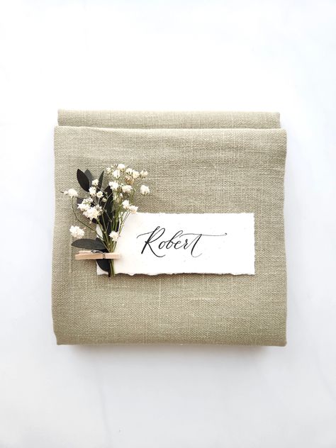 Deckled edge place cards with dried flowers | Rustic wedding decorations | Name cards Rustic Name Place Cards, Dried Flower Place Cards, Cards With Dried Flowers, Flower Place Cards, Rustic Place Cards, Place Card Table, Calligraphy Place Cards, Diy Place Cards, Place Card Table Wedding