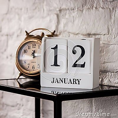 12-january-calendar-highlighting-january-12th-rustic-wooden-calendar-complements-vintage-inspired-clock-together-create-perfect-balance-old-world-charm-modern-simplicity-making-stylish-addition-to-any-desk-side-table Wooden Calendar, January Calendar, 12 January, Easels, January 12, Old World Charm, Wicker Chair, Old World, Vintage Inspired