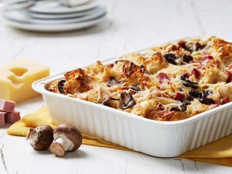 Cheesy Ham and Mushroom Strata Ham Strata, Mushroom Strata, Best Ham Recipe, Easy Ham Recipes, Brunch Meals, Strata Recipe, Rustic Italian Bread, Cheese Strata, Ham Leftovers