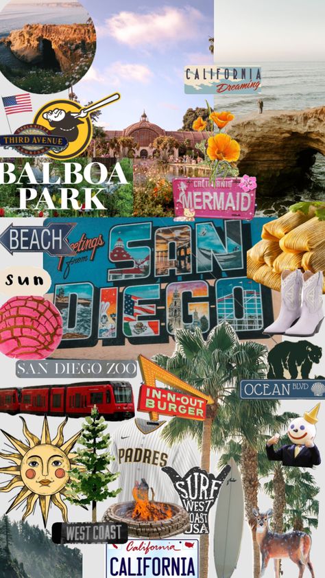 #sandiego California Collage, San Diego Aesthetic, West Coast California, California Aesthetic, Travel Collage, Mermaid Beach, San Diego Zoo, Balboa Park, California Dreaming