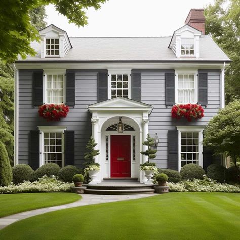 5+ Eye-Catching Outside House Paint Ideas for American Style Exteriors • 333+ Images • [ArtFacade] House Paint Ideas, White Colonial House, Colonial Front Door, Outside House Paint, American Colonial Style, Red Door House, Paint Names, Country Home Exterior, American Style House