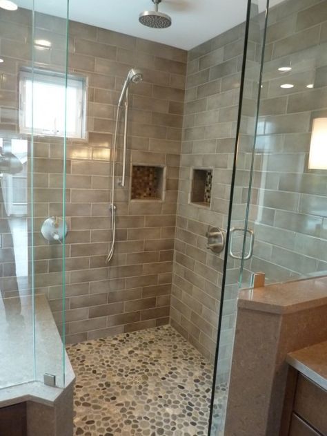 My favorite tiled shower with frameless glass doors. There is a bench and windows Pebble Tile Shower Floor, Pebble Tile Shower, Pebble Shower Floor, Makeover Kamar Mandi, Pebble Floor, Botany Bay, Pebble Tile, Bathroom Shower Tile, Bathroom Redo