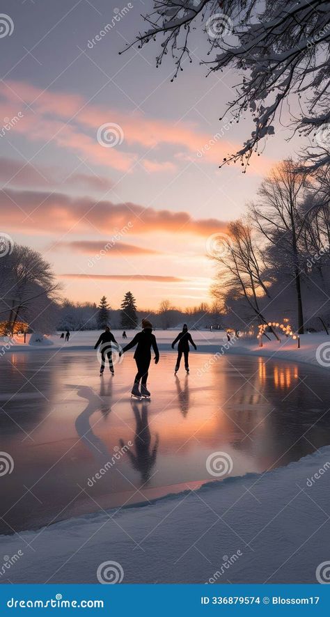 AI generated - A peaceful winter scene featuring ice skaters gliding effortlessly on a frozen pond at sunset. The sky is painted in warm oranges, pinks, and purples, with the stunning colors reflected on the icy surface. Snow-covered trees surround the pond, and soft lights hang from nearby branches, adding a magical ambiance. Winter Skating, Sunset Illustration, Frozen Pond, Abstract Animal Art, Moonlit Sky, Snow Covered Trees, Winter Sunset, Ice Skaters, Leg Sleeve