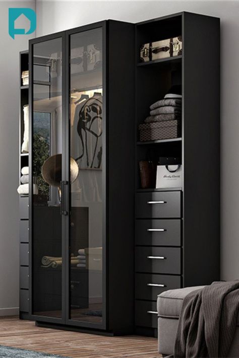 Ikea Black Wardrobe, Black Mirror Wardrobe, Wardrobe Design Indian, Black Wardrobe Design, Black Wardrobe Bedroom, Black Mirrored Wardrobe, Small Bedroom Wardrobe, Sliding Wardrobe Design, Wardrobe Design Ideas