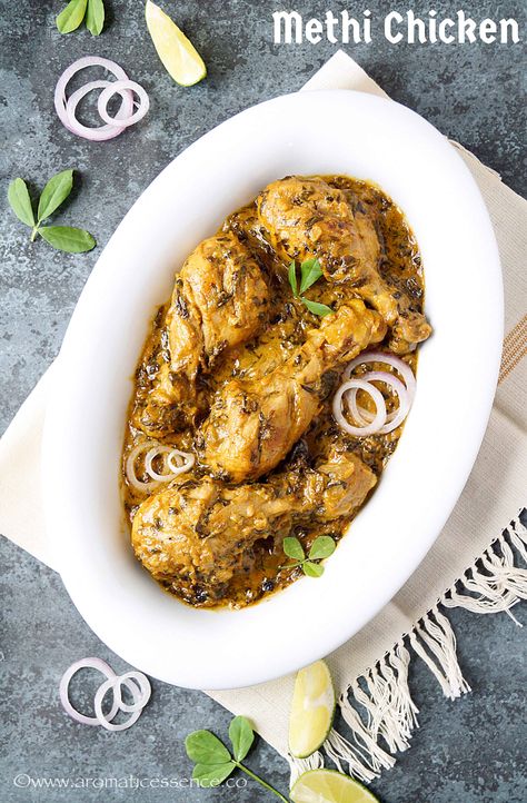 Methi chicken recipe with step-by-step pictures. How to make methi malai chicken at home. Chicken recipe with fresh fenugreek leaves. Methi Chicken, Amazing Chicken Recipes, Methi Recipes, Malai Chicken, Home Chicken, Recipe For Lunch, Pakistani Dishes, Curry Recipes Easy, Boiled Chicken Breast