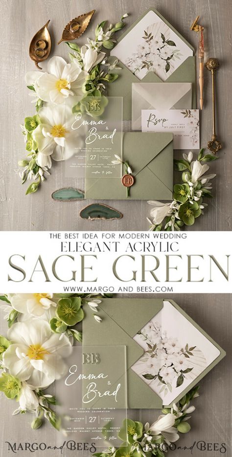 Sage And Cream Wedding Invitations, Acrylic Wedding Invitation Sage Green, White And Sage Wedding Invitations, Sage Green Theme Wedding Invitation, Boho Green Wedding Invitations, Sage Green And White Invitation, Pastel Green Wedding Invitation, Rustic Greenery Wedding Invitations, Rustic Sage Wedding Decor