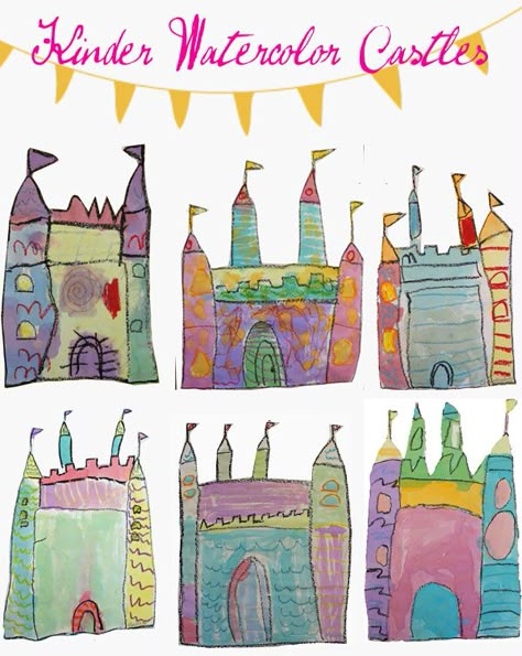 now these are too cute! kinder/1st grade, draw squares, rectangles, triangles, and half circles to create these lovely castles Castle Art Projects, Kindergarten Art Lessons, Art Videos For Kids, Illustration Art Nouveau, Deep Space Sparkle, Kindergarten Art Projects, Castle Art, Homeschool Art, Kindergarten Art