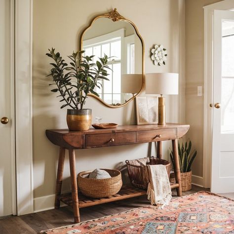 13 Best Entry Table Decor Ideas On a Budget Entryway Table Boho, Entry Way With Mirrors, Entry Way Table Decor Simple, Antique Entryway Table Decor, Front Door Table Entryway, Entryway Ideas With Mirror, Boho House Aesthetic, Hallway Table Decor Entryway, Entry Way Table Ideas