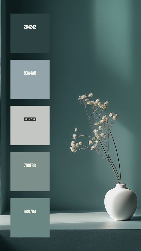 Colors:
2B4242
93A4AB
C3C6C3
7D8F8B
6B8784 Natural Color Pallets, Color Aesthetic Palette, Nature Inspired Color Palette, Japan Color Palette, Color Palettes Aesthetic, Color Pallets Aesthetic, Relaxing Color Palette, Spa Color Palette, Zen Color Palette