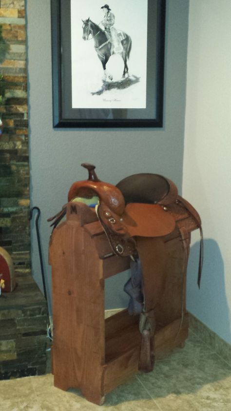 A wood stained saddle stand I built to display my saddle and add ambiance to this room in our home. Saddle Display, Saddle Stand, Saddle Chair, Florida Home, A Wood, Our Home, Staining Wood, Saddle, Decorating Ideas