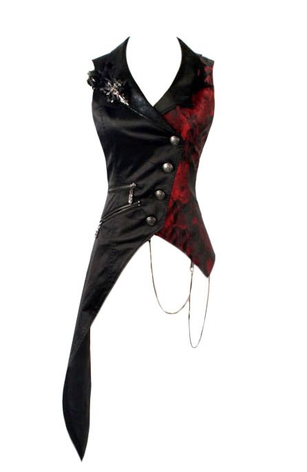 Remis en stock / Back in stock: Sleeveless black and red jacket with different lenght and chain Y-330  Prix: 49.90  #new #nouveau #japanattitude #jackets #coats #vestes #manteaux #gothique #gothic #elegant #aristocrat #visualkei #rock #punk #rave #y330 #punkrave #aris #crat #visual #kei #woman #unisex #man #black #red #cot #n #sp #ex #polyamide #sleeveless #jacket #different #lenght #chain #330 Alt Clothes, Concept Clothing, Red Vest, Punk Rave, Prom Outfits, Elegant Shirt, Fantasy Fashion, Back In Stock, Character Outfits