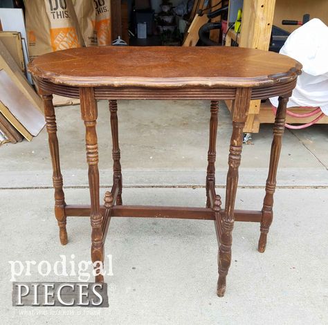 Antique Side Table Before Makeover by Prodigal Pieces | prodigalpieces.com Wood Side Table Makeover, Side Table Redo, Brown Side Table, Old Wood Table, Antique End Tables, End Table Makeover, Side Table Makeover, Parlor Table, Porch Table