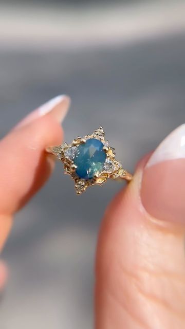 Uma | Engagement Rings on Instagram: "Opalescent teal sapphire in my Olenna setting 🌙" Opalescent Sapphire Engagement Ring, Teal Ring, Opalescent Sapphire Ring, Opalescent Sapphire, Teal Rings, Pearl Wedding Ring, Teal Wedding, Engagement Rings Sapphire, Sapphire Ring