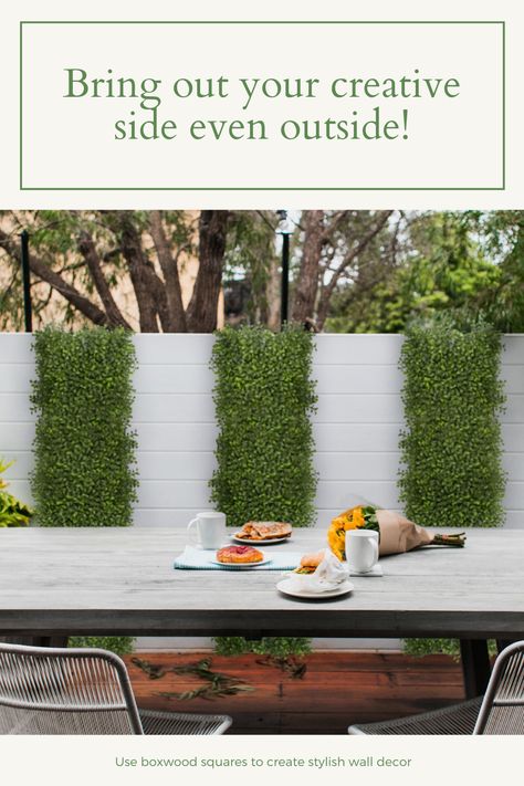 Outdoor Greenery Wall, Outdoor Accent Wall, Outdoor Wall Covering, Backyard Goals, Concrete Block Walls, Stylish Wall Decor, Artificial Boxwood, Outdoor Living Patio, Outdoor Accents