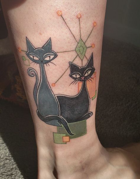 Mid century modern cat tattoo Mid Century Modern Tattoo, Mid Century Tattoo, Art Shop Interior, Furniture Tattoo, Interior Chair, Cat Tattoo Simple, Study Art, Cat Tattoo Designs, Healing Tattoo