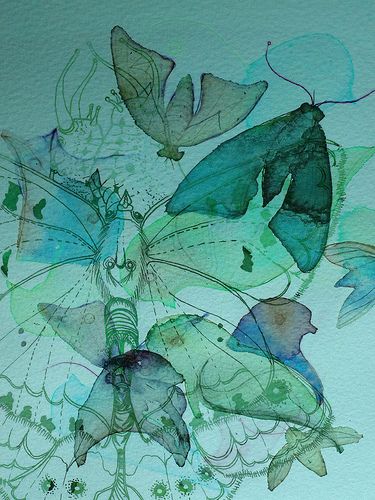 Lepidoptera In The Blue, Colleen Parker Watercolour And Ink, Art And Illustration, Green Aesthetic, Green And Blue, Blue Aesthetic, Watercolor And Ink, Art Classes, Art Wallpaper, Watercolor Painting