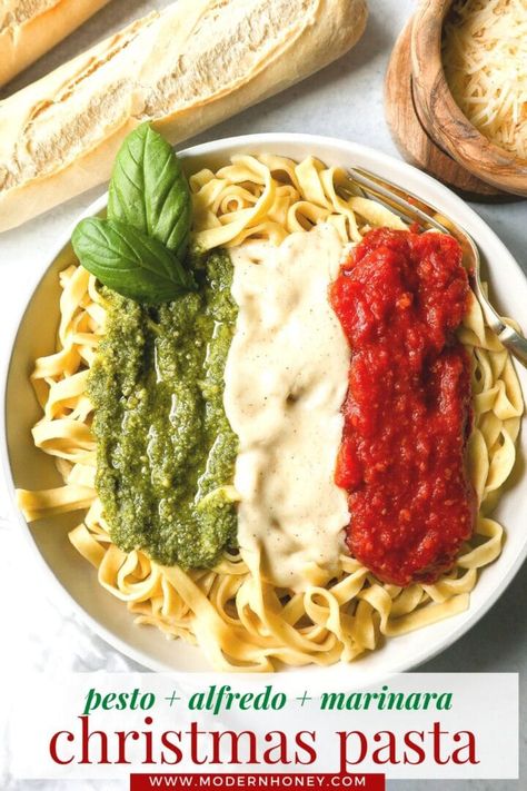 This Christmas Pasta is made with three popular sauces -- alfredo sauce, marinara sauce, and pesto sauce -- all tossed together with pasta. This Alfredo, Marinara, and Pesto Sauce Pasta is a surefire hit! Pesto Marinara Pasta, Pasta Marinara Recipes, Dinner Pasta Recipes, Pesto Sauce Pasta, Ground Turkey Spinach, Popular Pasta Recipes, Christmas Pasta, Multicultural Recipes, Pesto Sauce For Pasta