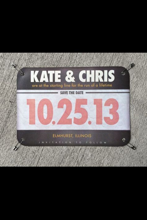 #wedding #savethedate #creative #marriage #running #runningcouple #cute #love Running Themed Wedding, Running Wedding Theme, 5k Wedding, Marathon Party, Elmhurst Illinois, Running Bibs, Photobooth Ideas, Race Bibs, Wedding Presents