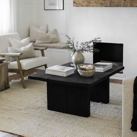 Black Table Decor Living Rooms, White Couch Black Coffee Table Living Room, Low Black Coffee Table, Black Coffee Table Diy, Black Wood Coffee Table Living Room, Black Coffee Table Aesthetic, Diy Black Coffee Table, White Couch Black Coffee Table, Black Coffee Table Decor Ideas