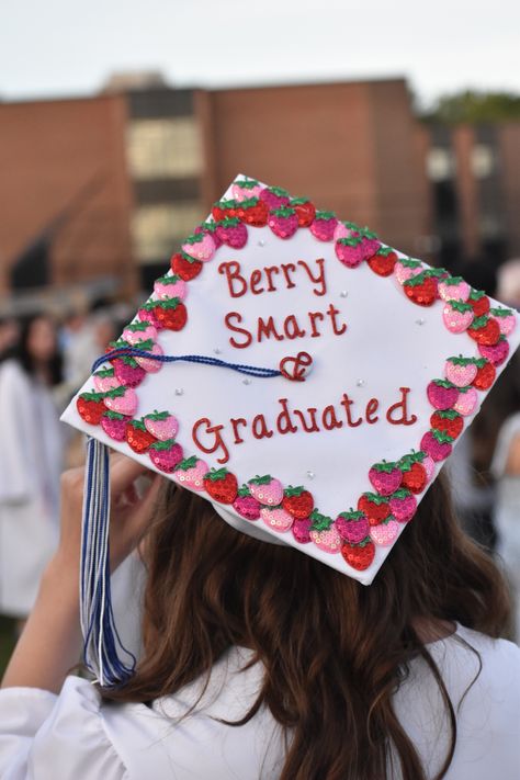 Strawberry Graduation Cap, Grad Cap Ideas Girly, Graduation Cap Designs Cute Simple, Ladybug Graduation Cap, Strawberry Graduation Ideas, Strawberry Grad Cap, Almost There Graduation Cap, Cute Girly Graduation Cap, Red Graduation Cap Ideas