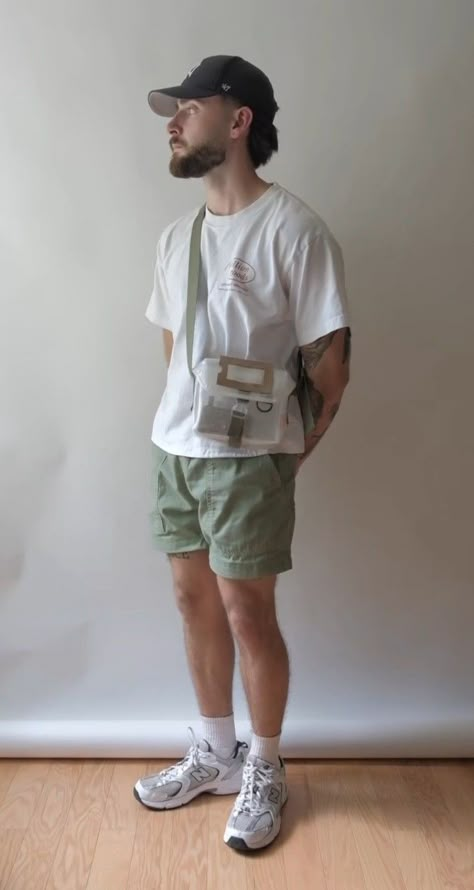 Mens Style 2023 Summer, Street Summer Outfits Men, Shorts Outfits Men Aesthetic, Retro Summer Outfits Men, Hiking Aesthetic Outfit Men, Summer Outfits Men Shorts Street Styles, Granola Guy Style Summer, Mens Cargo Shorts Outfit, Mens Granola Outfits