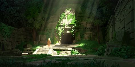 Mayan Temple, Jungle Temple, Video Game Artist, Aztec Ruins, Temple Ruins, Ancient Temple, Temple Art, Art Landscapes, Landscape Concept