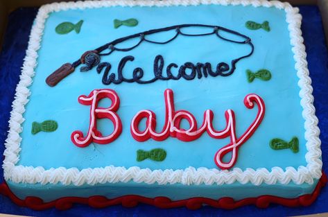 Fishing Baby Shower Cake, Baby Shower Sheet Cake, Fishing Baby Shower, Baby Shower Sheet Cakes, Baby Shower Fishing, Fishing Baby, Baby Fish, Sheet Cake, Fishing