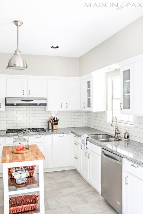 Design Dilemma – Choosing Back Splash Tile | Our Fifth House Reface Cabinets, White Kitchen Renovation, Kitchen Renos, Island With Stove, Kitchen Floors, Classic White Kitchen, Refacing Kitchen Cabinets, Granite Countertops Kitchen, Subway Tiles