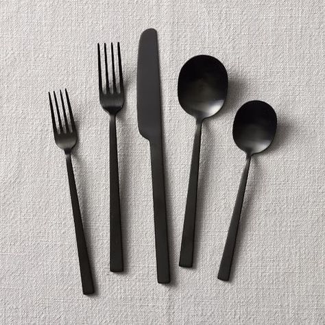 Black Gold Flatware Sets | West Elm Black Flatware, Modern Flatware, Modern Dinnerware, Gold Flatware, Stoneware Dinnerware Sets, Stoneware Dinnerware, Apartment Aesthetic, Stainless Steel Cutlery, Stainless Steel Flatware