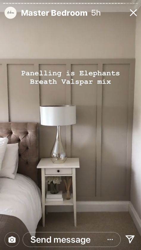 Elephants Breath Panelling Bedroom, Dining Room Neutral Colors, Bedroom Panelling Colour Ideas, Bedroom With Chimney Wall, Neutral Panelling, High Ceilings Bedroom, Panelled Bedroom Ideas, Bedroom Panneling Ideas, Half Panelled Walls Bedroom