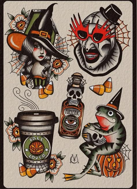 Pumpkin Trad Tattoo, Neo Trad Halloween Tattoo, American Traditional Tattoos Horror, Traditional Style Horror Tattoo, Trad Halloween Flash, Female Reaper Tattoo, Halloween Traditional Tattoo Flash, Old School Horror Tattoo, Tattoo Portfolio Ideas Inspiration